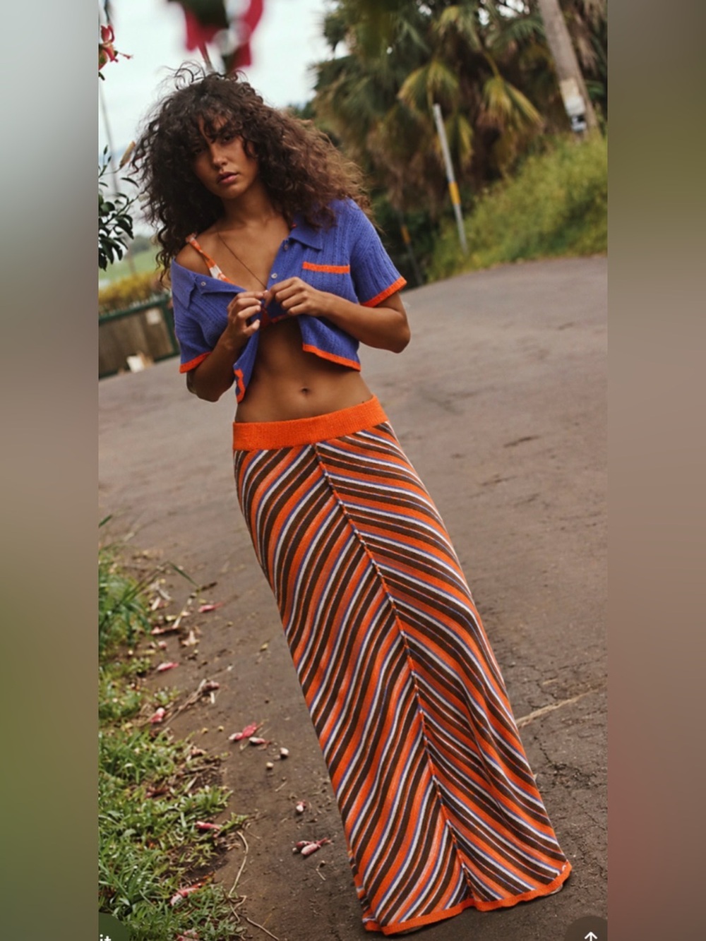 NEW FREE PEOPLE BLUE ORANGE COMBO MONTEGO KNIT SWEATER TOP MIDI SKIRT SET SZ L